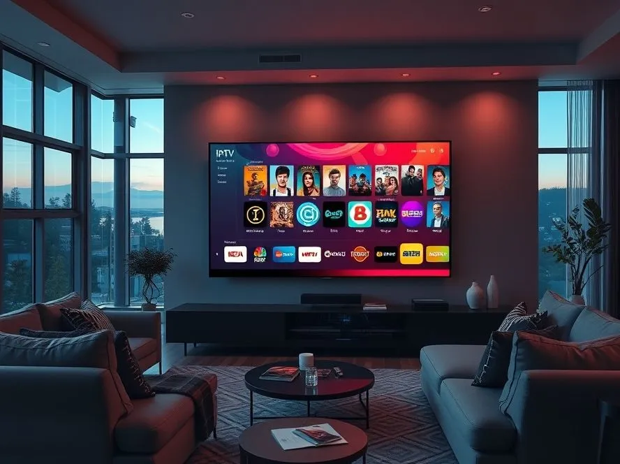 Interface d'un service IPTV premium sur une grande télévision 4K dans un salon moderne et design.